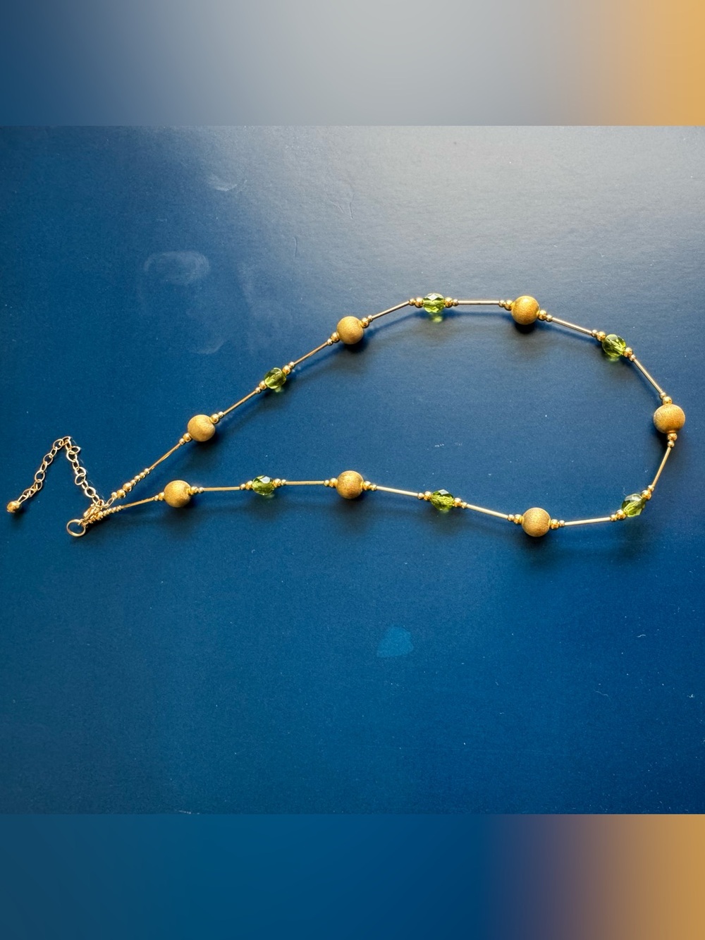 Gold Bead Necklace with Olive Green Crystal Accents